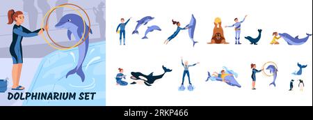 Flat composition set of dolphins seal lions orcas penguins during show at dolphinarium isolated vector illustration Stock Vector