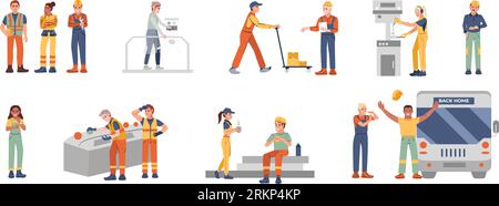 Flat set of male and female factory workers in uniform isolated vector illustration Stock Vector
