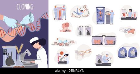 Cloning genetics flat composition with female scientist working in lab and set of isolated biochemistry icons vector illustration Stock Vector