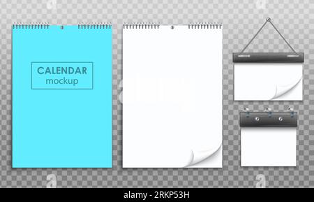 Blank hanging wall spiral calendar mockup with blue and white pages realistic set isolated on transparent background vector illustration Stock Vector