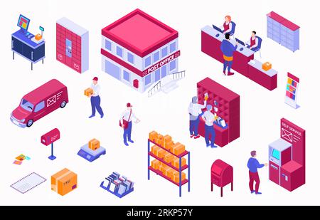 Isometric post office set with isolated icons of parcels on shelves scales self service clients employees vector illustration Stock Vector