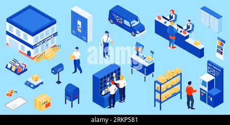 Isometric post office color set with isolated icons of furniture mailboxes automated parcel lockers and people vector illustration Stock Vector