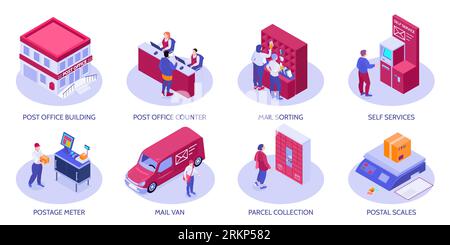 Set of eight isolated isometric post office compositions with text captions and icons of postal services vector illustration Stock Vector