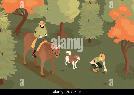 Isometric forest ranger composition with outdoor scenery and rangers on horse with dog discovering animal trails vector illustration Stock Vector