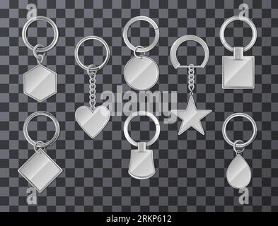 Metal keyrings with blank breloques of different shape realistic set isolated on transparent background vector illustration Stock Vector