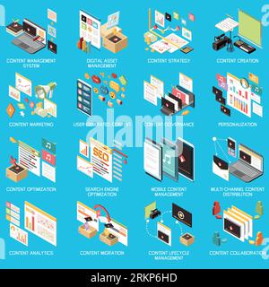 Content management isometric concept icon set with digital asset management content strategy creation marketing governance personalization and other d Stock Vector