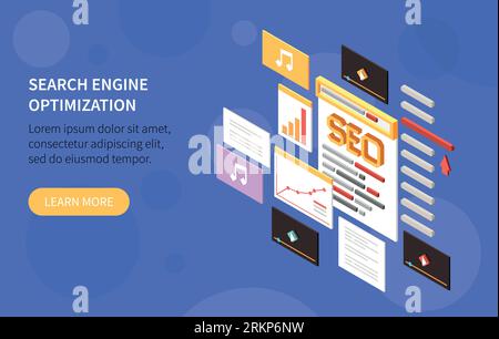 Content management isometric banner with search engine optimization headline and learn more button vector illustration Stock Vector