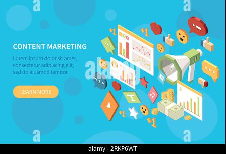 Content management isometric colored banner with content marketing headline and learn more button vector illustration Stock Vector