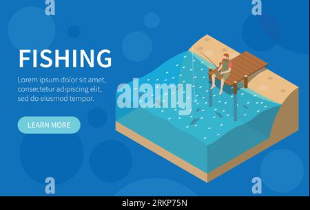 Horizontal fishing fisherman isometric banner with big headline and learn more button vector illustration Stock Vector