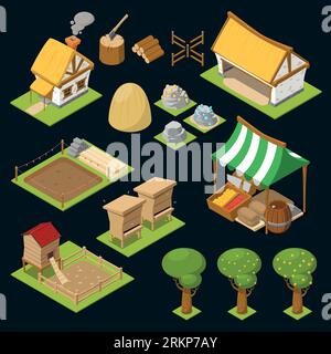 Isometric colored game icon set with isolated trees houses warehouse and firewood vector illustration Stock Vector