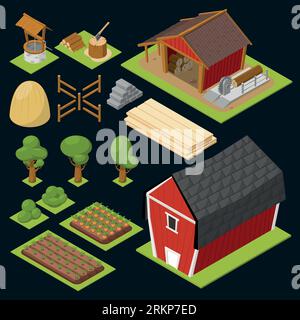 Game isometric icon set with wooden house garden area bushes woods beds vector illustration Stock Vector