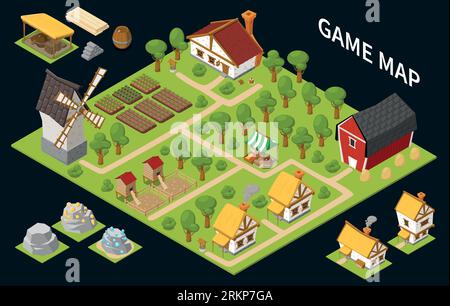 Game isometric concept with game map headline green landscape with trees and houses vector illustration Stock Vector