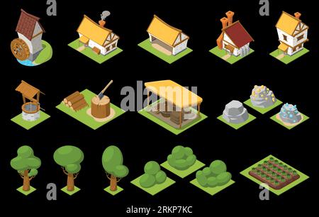 Game set isometric icon set houses with yellow and brown roofs trees and bushes beds vector illustration Stock Vector
