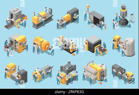 Industrial maintenance engineer technician isometric icon set with installation and configuration of complex equipment vector illustration Stock Vector