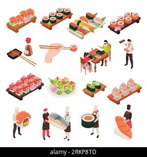 Isometric sushi icon set rolls of different sizes and abstracts wrapped in nori and fish vector illustration Stock Vector