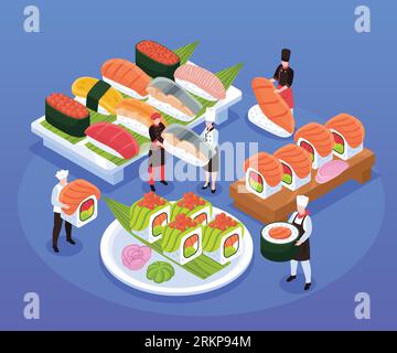 Various types of sushi and maki on trays and plate and tiny characters of chefs isometric composition on blue background vector illustration Stock Vector