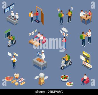 Cloud kitchen isometric icons collection with couriers and people waiting for their orders isolated vector illustration Stock Vector