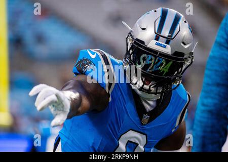 August 25, 2023: Carolina Panthers linebacker Brian Burns (0) before the NFL matchup against the Detroit Lions in Charlotte, NC. (Scott Kinser/Cal Sport Media) Stock Photo