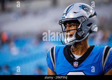 August 25, 2023: Carolina Panthers quarterback Bryce Young (9) before the NFL matchup against the Detroit Lions in Charlotte, NC. (Scott Kinser/Cal Sport Media) Stock Photo