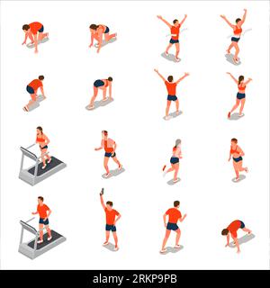Isometric set of people running jogging on treadmill taking part in marathon isolated vector illustration Stock Vector