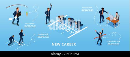 Running business people completing challenges starting new career isometric infographic on blue background vector illustration Stock Vector