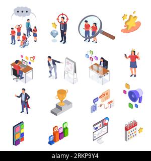 Community management social media isometric icons set with characters of followers and influencers isolated vector illustration Stock Vector