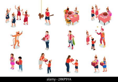 Isometric set of children having fun at birthday party isolated vector illustration Stock Vector