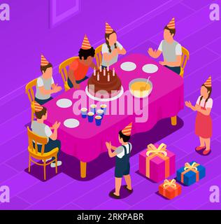 Birthday party isometric concept with boy blowing out candles and his friends sitting at festive table 3d vector illustration Stock Vector
