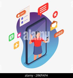Community manager isometric composition with woman on smartphone screen and social media icons vector illustration Stock Vector