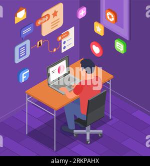 Community manager working on laptop isometric composition with 3d social media icons vector illustration Stock Vector