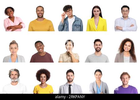 Collage with portraits of different people isolated on white Stock Photo