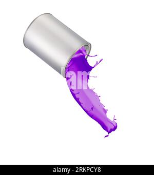 Can with splashing violet paint isolated on white Stock Photo