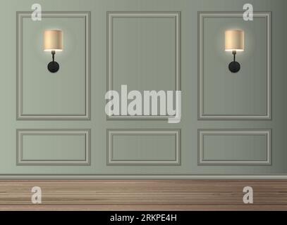 Realistic classic interior with two glowing modern lamps on wall vector illustration Stock Vector