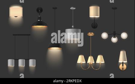 Realistic set of glowing hanging and wall lamps for modern interior isolated on dark background vector illustration Stock Vector