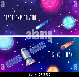 Space exploration horizontal banners set with satellite and celestial bodies cartoon isolated vector illustration Stock Vector