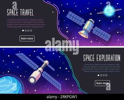 Space travel and exploration cartoon horizontal banners with learn more button isolated vector illustration Stock Vector