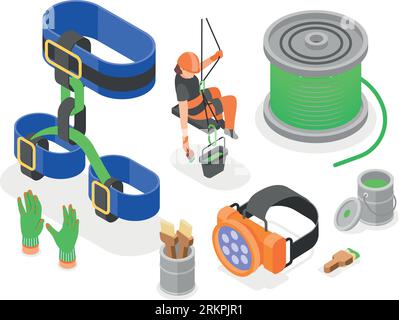 Industrial climber tools isometric composition with set of rope access equipment isolated vector illustration Stock Vector