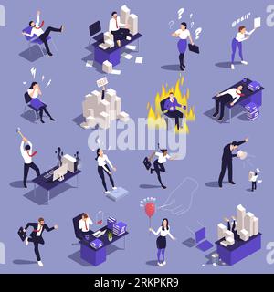 Office people isometric icons set with businessmen dealing with stress isolated vector illustration Stock Vector