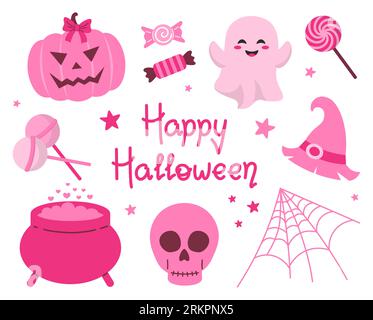 Set Of Halloween Decoration. Pink Fashion. Barbiecore Style. Vector Flat Illustration Stock Vector