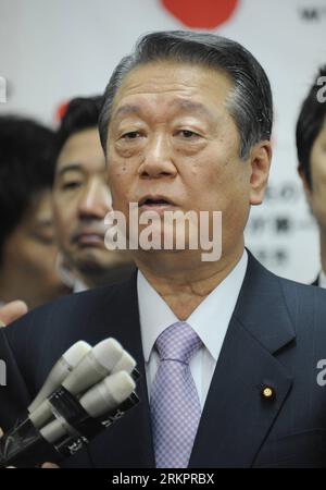 Bildnummer: 58047734  Datum: 30.05.2012  Copyright: imago/Xinhua (120530) -- TOKYO, May 30, 2012 (Xinhua) -- Ichiro Ozawa, former leader of the Democratic Party of Japan (DPJ), addresses a press conference at the headquarters of DPJ in Tokyo, Japan, May 30, 2012. Japanese Prime Minister Yoshihiko Noda failed to persuade former DPJ leader Ichiro Ozawa to support the tax raising policy in the meeting held Wednesday morning. (Xinhua/Kenichiro Seki) (msq) JAPAN-TAX-PM-DPJ PUBLICATIONxNOTxINxCHN People Politik xda x0x Porträt 2012 hoch premiumd      58047734 Date 30 05 2012 Copyright Imago XINHUA Stock Photo