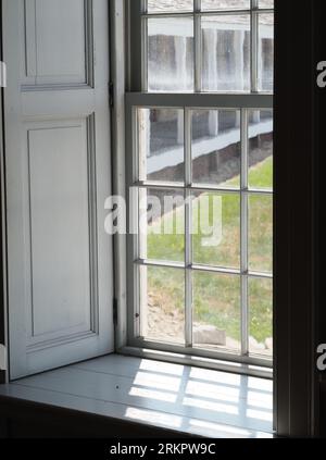 Looking out the window from inside the parlor room of the Commanding Officer's Quarters at Fort Snelling in Minnesota Stock Photo