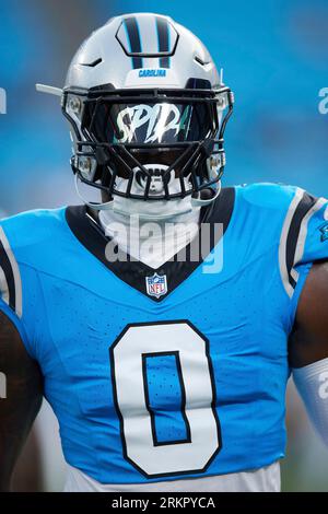 Carolina Panthers defensive end Brian Burns (53) lines up on defense during  an NFL football game against the New Orleans Saints, Sunday, Sep. 25, 2022,  in Charlotte, N.C. (AP Photo/Brian Westerholt Stock