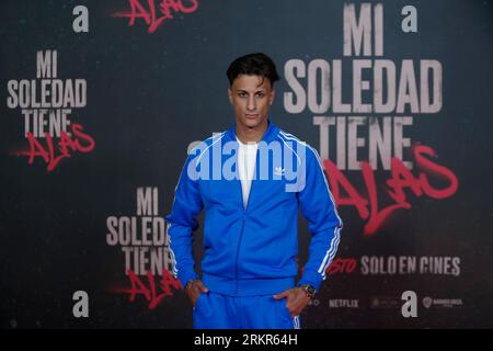 August 23, 2023, Madrid, Madrid, Spain: The Spanish actor Farid Bechara, poses during a photocall for the media, prior to the premiere of the film 'Mi soledad tiene alas', in Madrid (Spain). Mario Casas, winner of a Goya for best leading actor for the film 'No mataras', makes the leap into production and directing with his first film 'Mi soledad tiene alas', which will be released in theaters on August 25. The film, set in the neighborhoods where the director spent his childhood, follows a group of kids who live life on the edge and rob jewelry stores until something goes wrong and, of course, Stock Photo