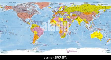 Political world map Greek language Equirectangular projection Stock Vector