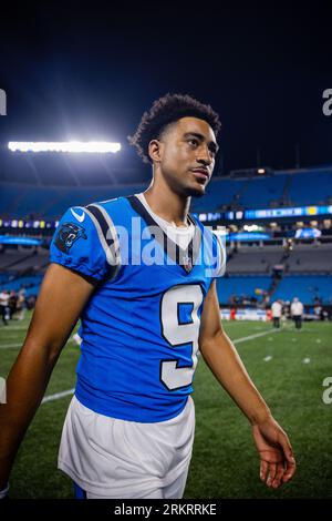 August 25, 2023: Carolina Panthers quarterback Bryce Young (9) walks off after the NFL matchup against the Detroit Lions in Charlotte, NC. (Scott Kinser/Cal Sport Media) Stock Photo