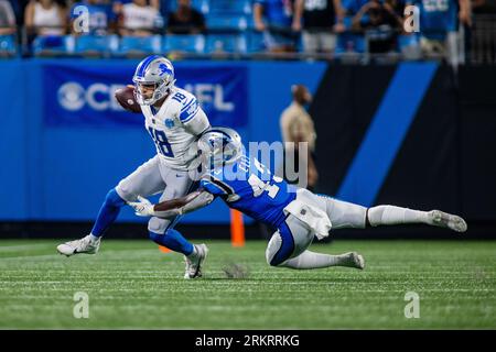 Detroit Lions quarterback Adrian Martinez works on a drill during