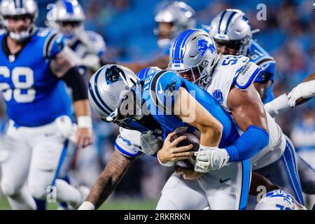 August 25, 2023: Carolina Panthers quarterback Jake Luton (16) is sacked by Detroit Lions defensive tackle Christian Covington (52) during the fourth quarter of the NFL matchup in Charlotte, NC. (Scott Kinser/Cal Sport Media) (Credit Image: © Scott Kinser/Cal Sport Media) Stock Photo