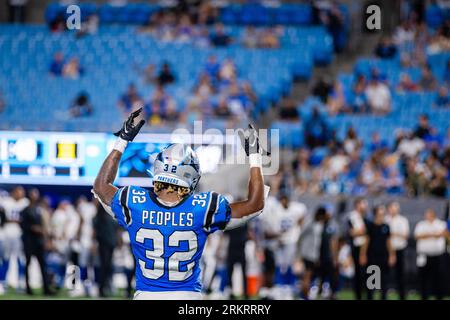 Carolina Panthers running back Camerun Peoples (32) warms up before an NFL  pre-season football game against the New York Giants on Friday, Aug. 18,  2023, in East Rutherford, N.J. (AP Photo/Rusty Jones