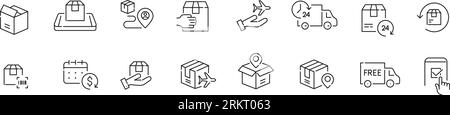Set of random delivery icons. Tracking, bar code scanning, return and free shipping. Pixel perfect, editable stroke Stock Vector
