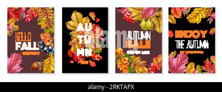 Autumn sale realistic promo posters set decorated with fall leaves acorns and chestnuts isolated vector illustration Stock Vector
